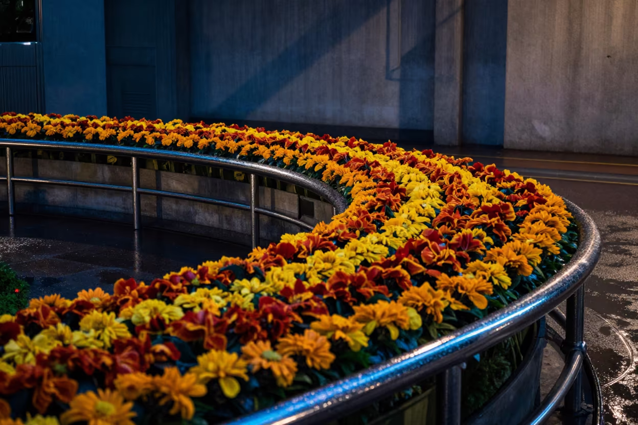 Neon Flower Carpet on Kuala Lumpur Pier Railing in on a pier railing in Kuala Lumpur