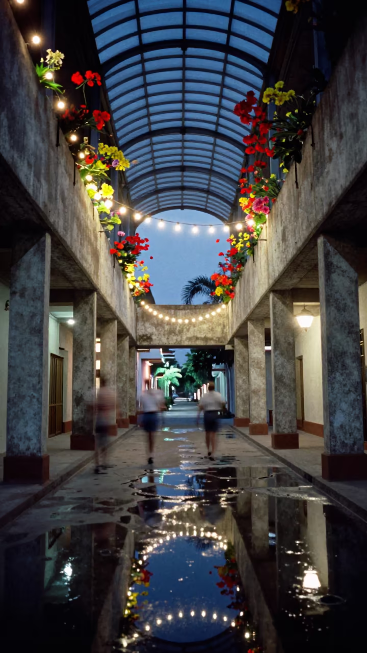 Neon Flowers Erupt From Concrete Cracks in inside a vaulted atrium near Bayamo