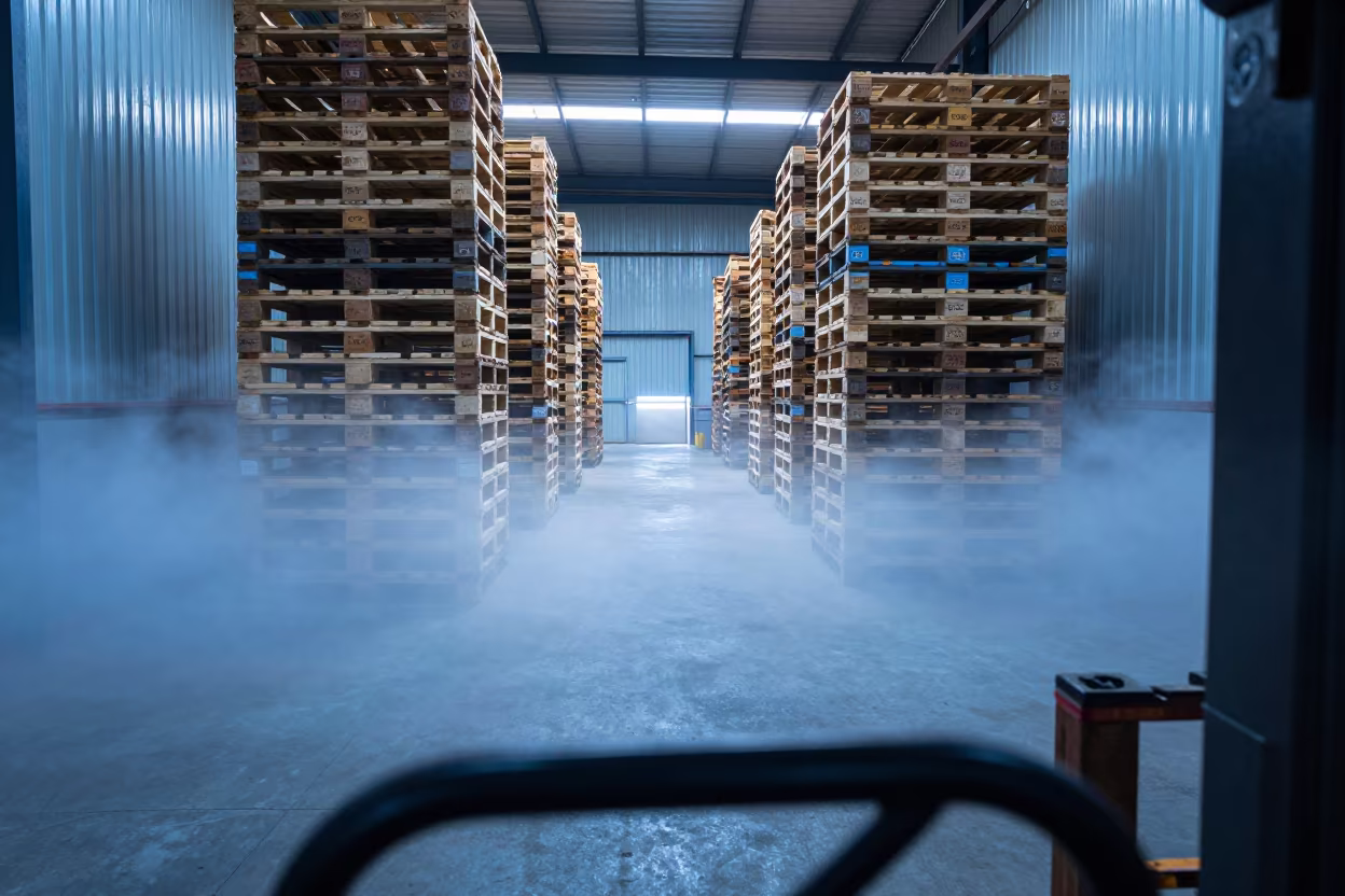Neon Fog in Warehouse Aisle Anyang in inside a distribution center pick aisle near Anyang