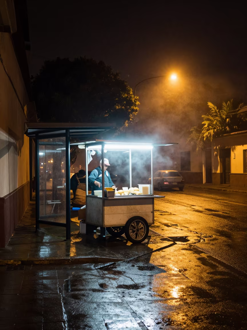 Neon Food Cart Night Street Cochabamba in beside a steamed-up bus shelter in Cochabamba