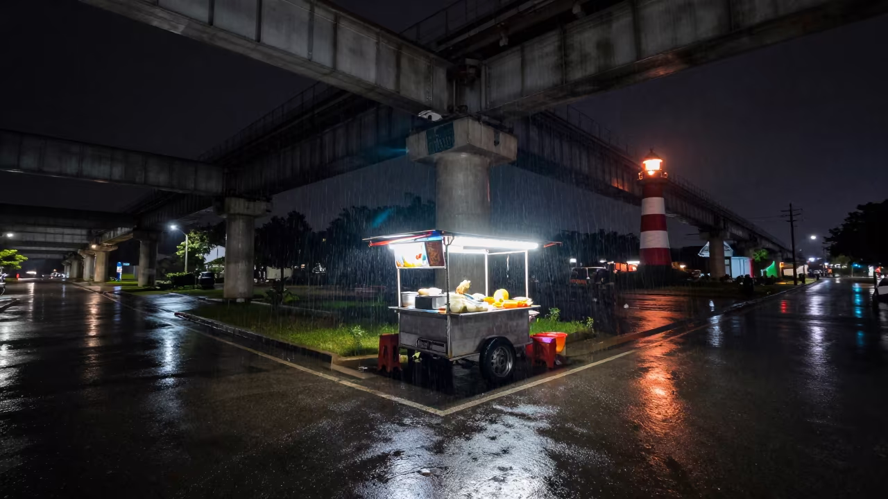 Neon Food Cart Under Train Tracks in Monsoon Night in under an elevated train line in Umuahia