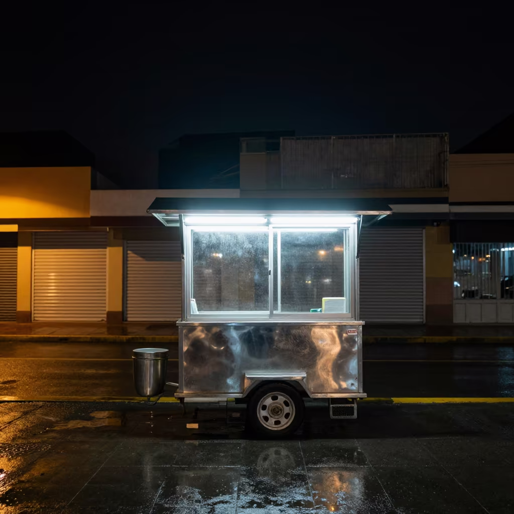 Neon Food Cart in Wet Night Huacho in along a shuttered arcade in Huacho