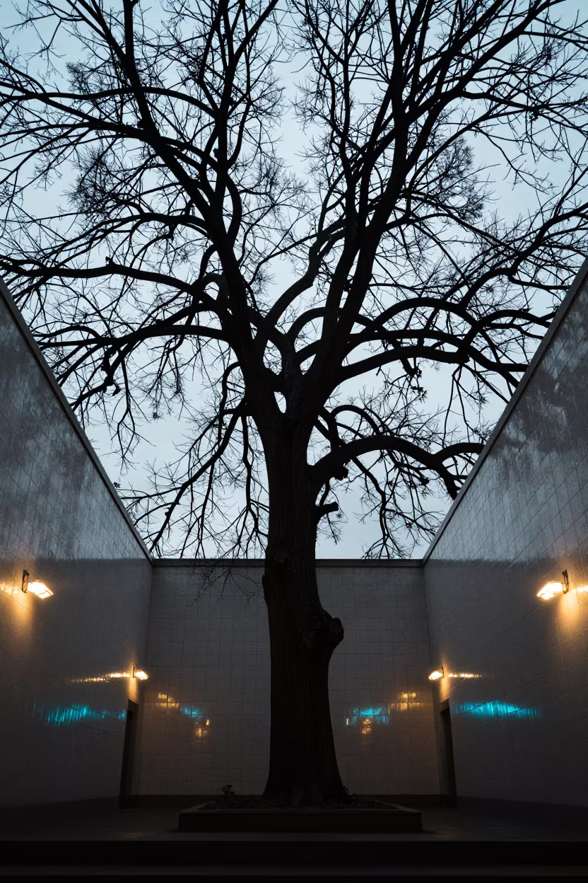 Neon Fractal Oak Branches Night Stair Hall in inside a tiled stair hall in Leon