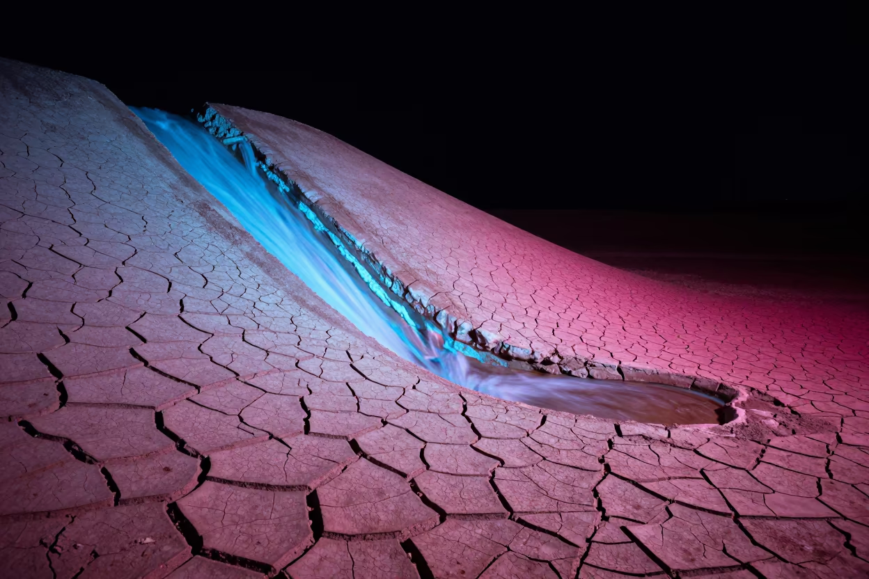 Neon Fractured Desert Lakebed Night Flow in in Oman