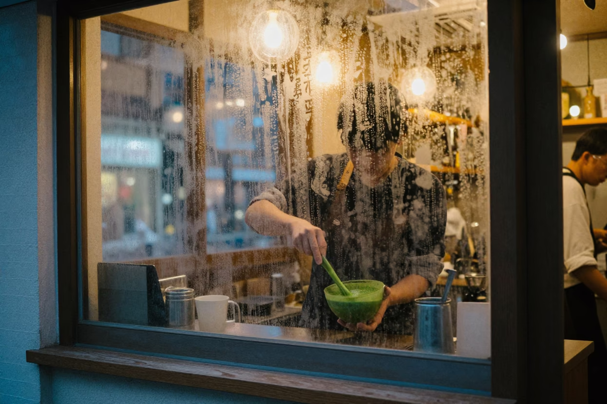 Neon Glow Over Seoul Street Cafe Window Condensation and Matcha Whisking at Dusk in in Seoul, South Korea