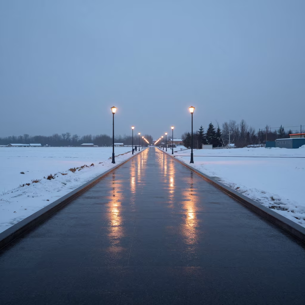 Neon Glow on Wet Sidewalk Hebei Dawn in beneath a hard winter sky over snowfields in Hebei