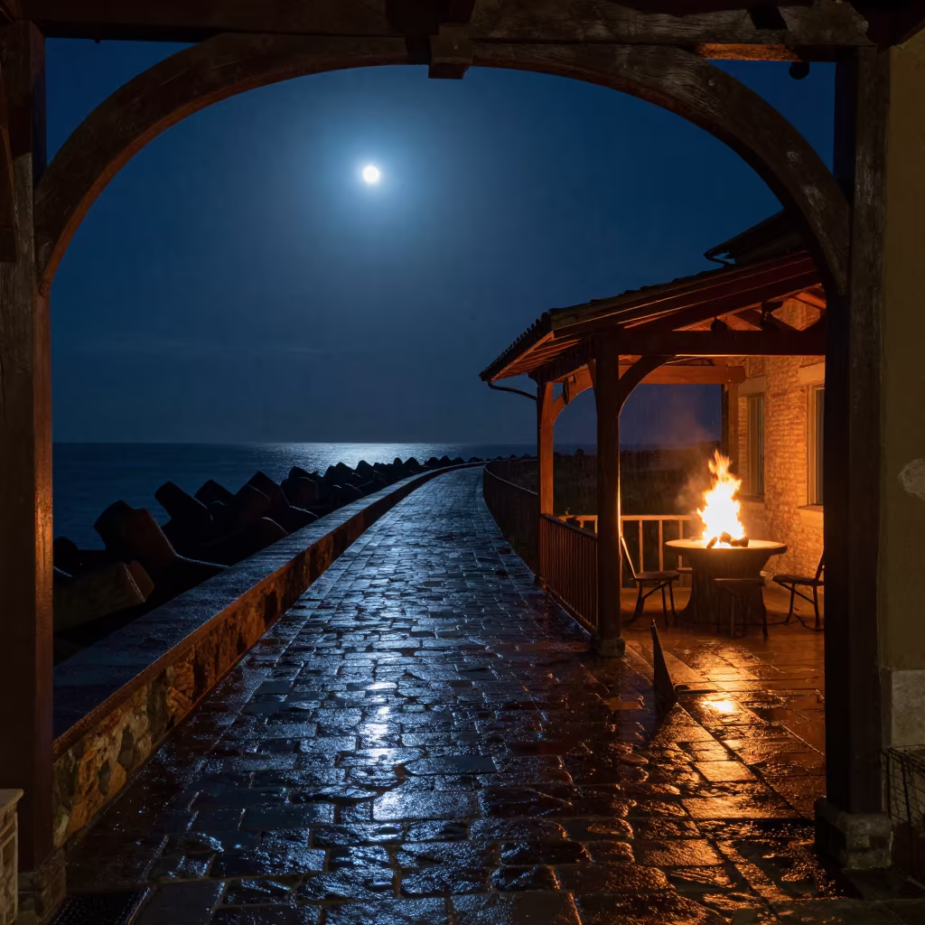 Neon Glow on Wet Tuscan Sidewalk Midnight in from a moonlit breakwater in Tuscany