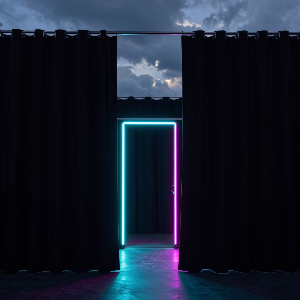 Neon Glowing Doorway Through Black Curtains in in a rehearsal room in Opole