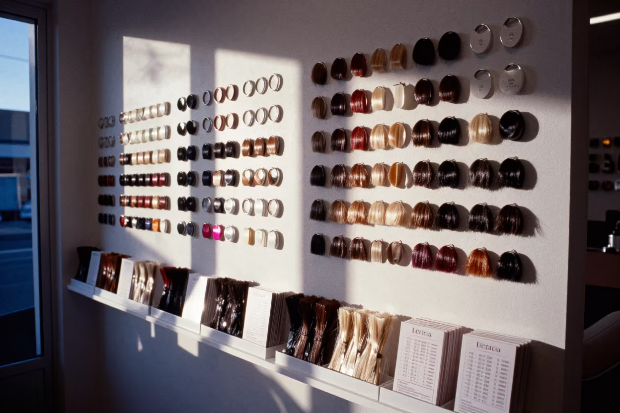 Neon Hair Swatches in Leticia Twilight Studio in inside a nail studio in Leticia