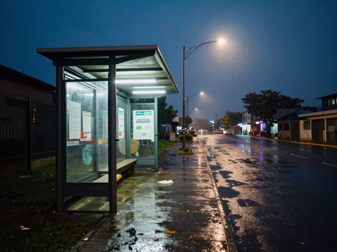 Neon haze bus stop Lagos midnight rain in outside a fluorescent convenience store in Lagos