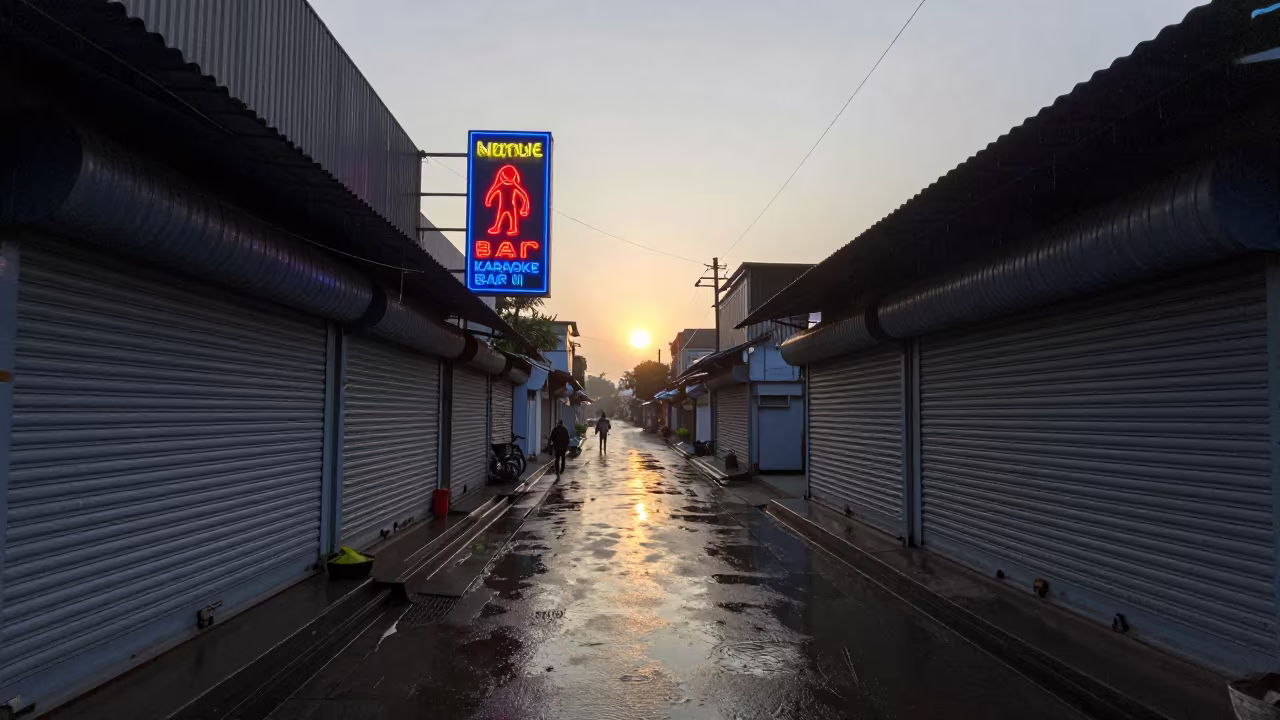 Neon Karaoke Sign Above Rainy Chittagong Alley in along a shuttered arcade in Chittagong