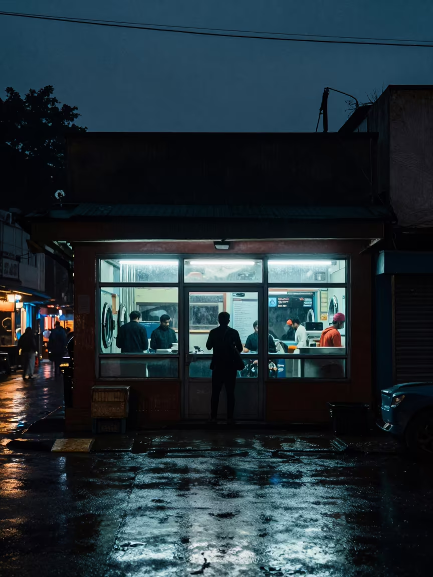 Neon Laundromat Silhouettes in Rainy Ranchi Night in along a market-lined side street in Ranchi