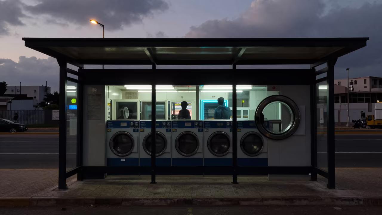 Neon Laundromat Silhouettes at Ramat Gan Tram Stop in at a tram stop in Ramat Gan
