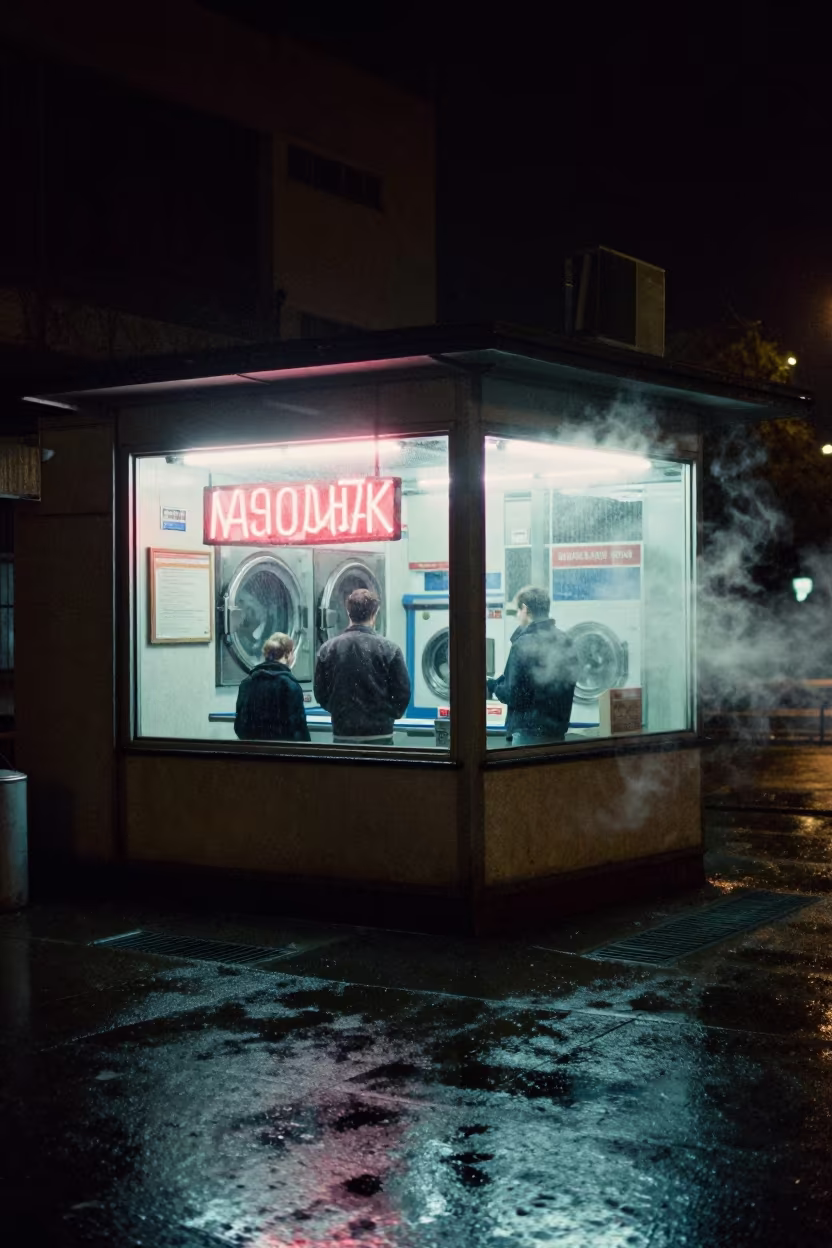 Neon Laundromat Window Silhouettes Kuwait City Rain in by a rain-darkened kiosk in Kuwait City