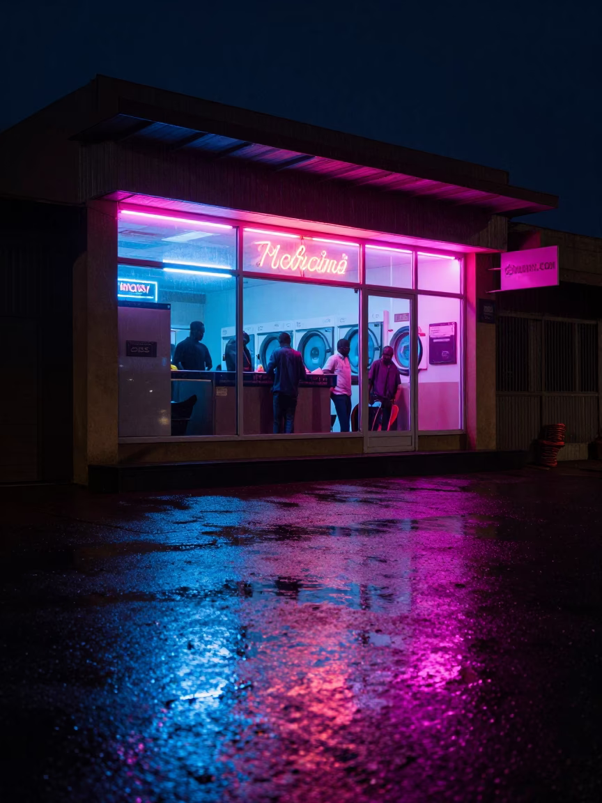 Neon Laundromat Window Silhouettes Niamey Night in along a market-lined side street in Niamey