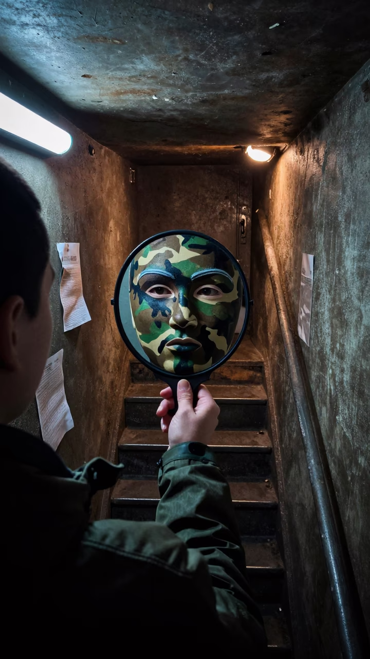 Neon Light on Camouflage Mirror in Yorkshire Bunker in inside a bunker stairwell in Yorkshire