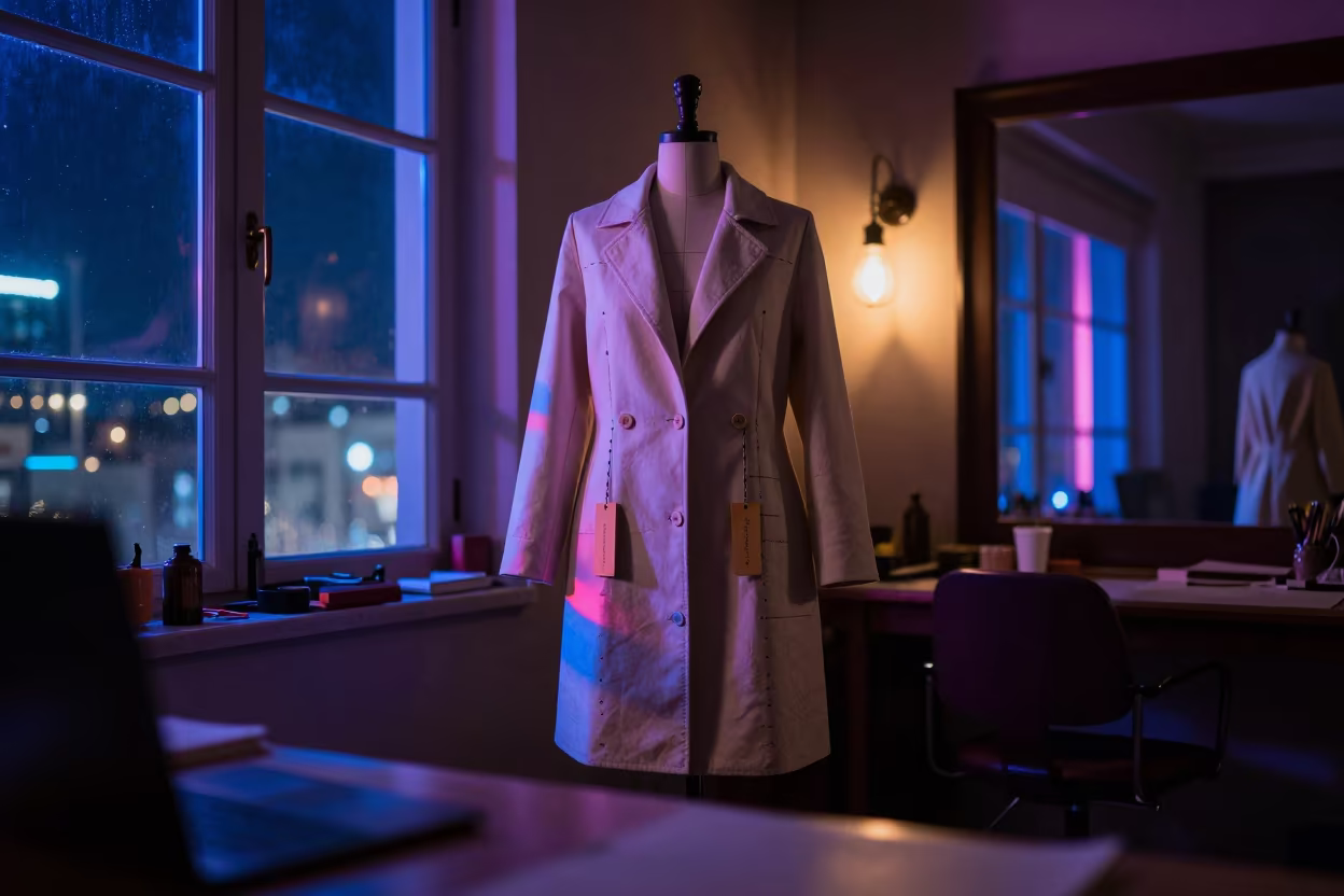 Neon Light on Couture Coat in Raipur Atelier in inside a couture atelier near Raipur