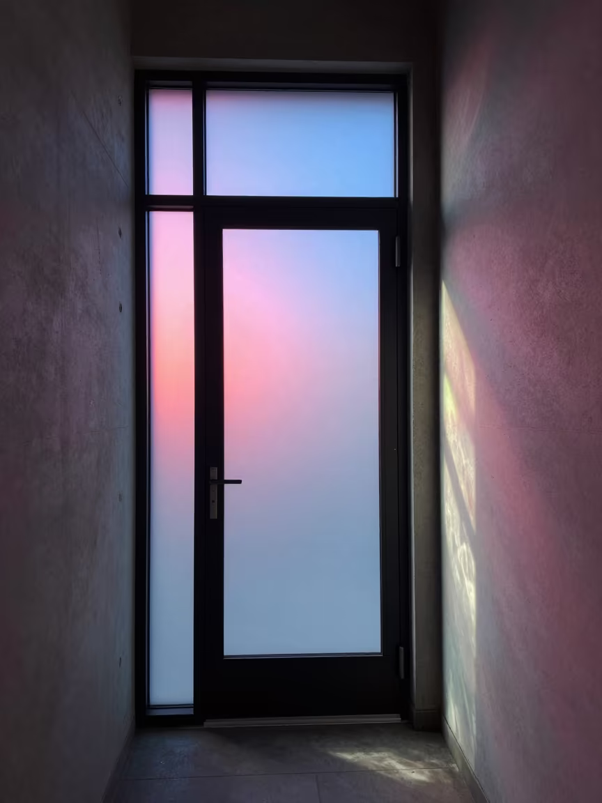 Neon Light Play Through Frosted Glass Door in inside a skylit passageway near Reno
