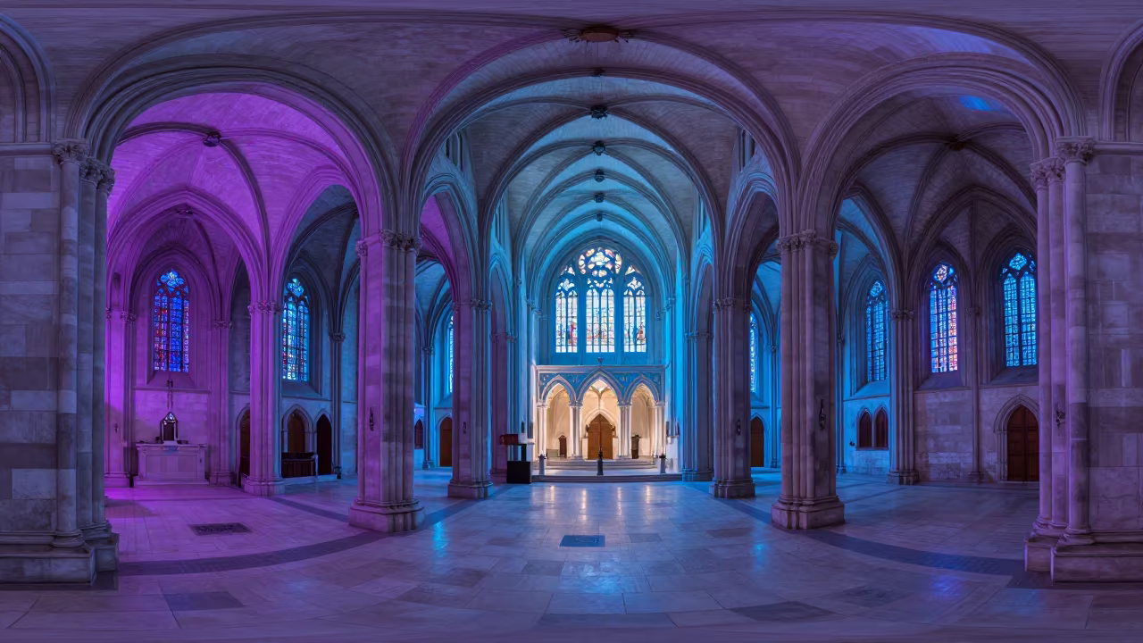 Neon Light on Gothic Nave Plovdiv Blue Hour in inside a stone chapel in Plovdiv