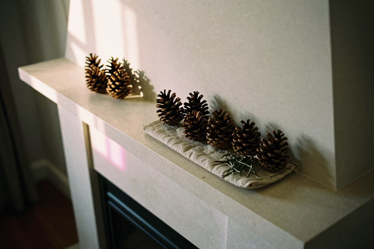 Neon Light on Mantel with Pinecones in Muttrah in on a reading nook cushion in Muttrah