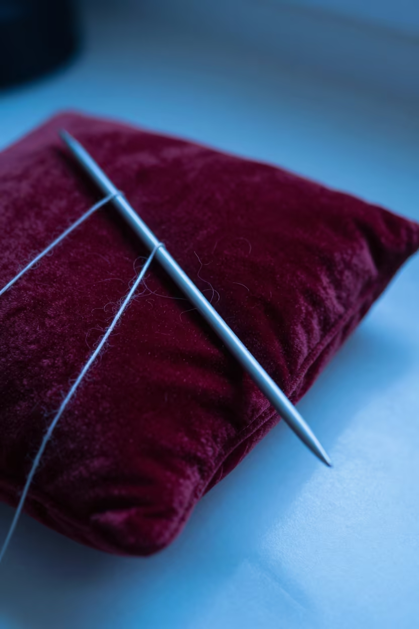 Neon Light on Mohair Needles Velvet Cushion in in a cozy kitchen near Debrecen