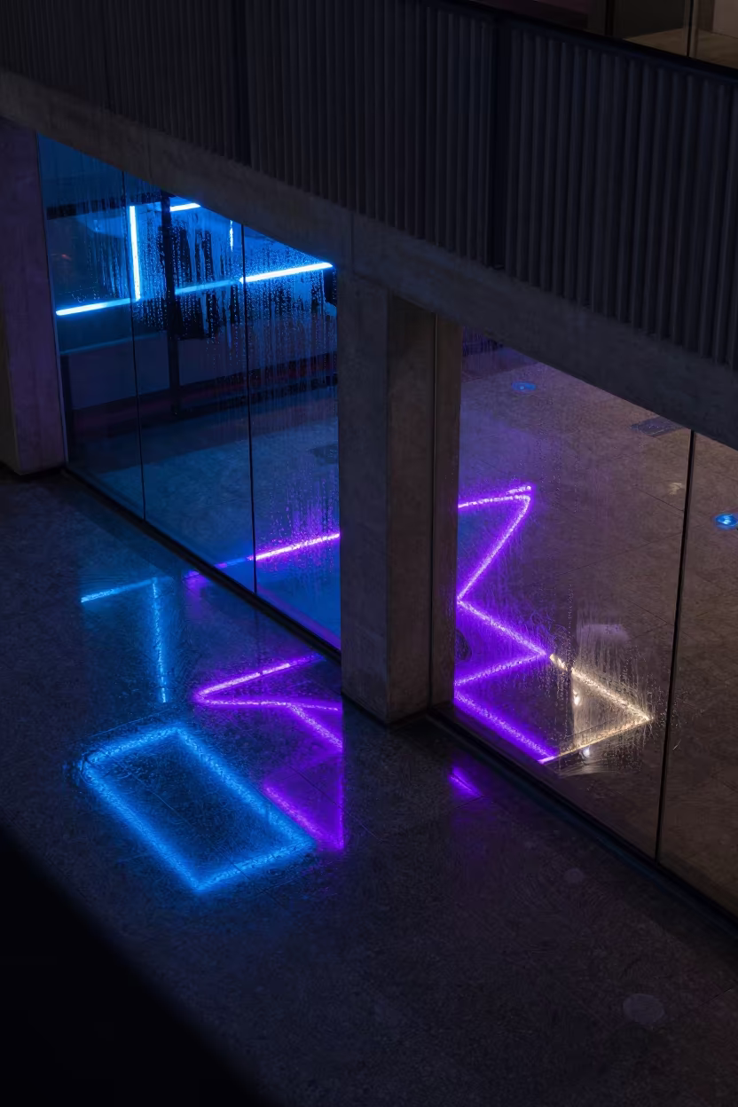 Neon Light Patterns on Tiled Wall in inside a ribbed concrete lobby in City of Westminster