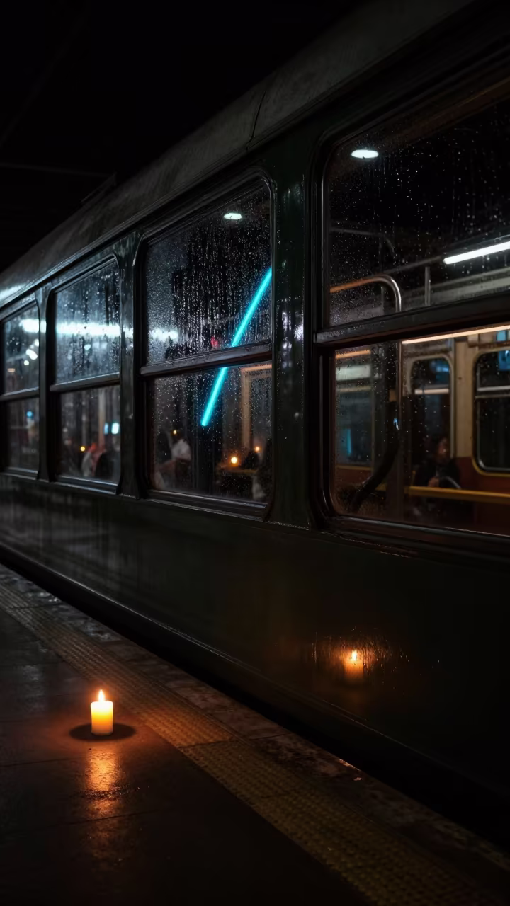 Neon Light Reflections on Wet Black Glass in inside a restored train terminal near Gqeberha
