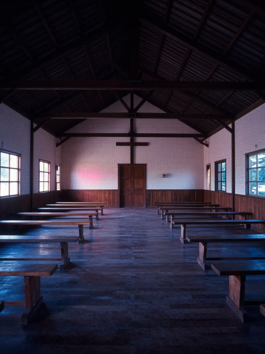 Neon Light in Shaker Meeting House at Predawn in inside a restored train terminal near Antsirabe