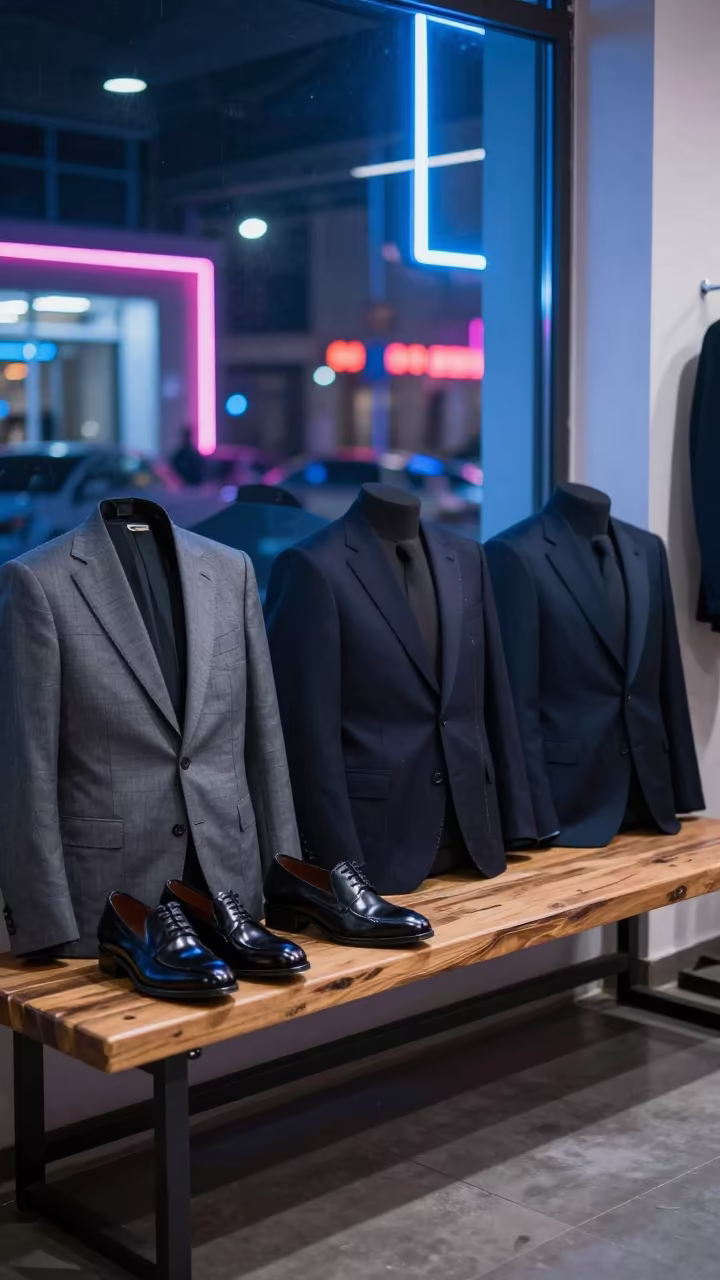 Neon Light on Tailored Waistcoats in Bishkek in inside a minimalist showroom in Bishkek