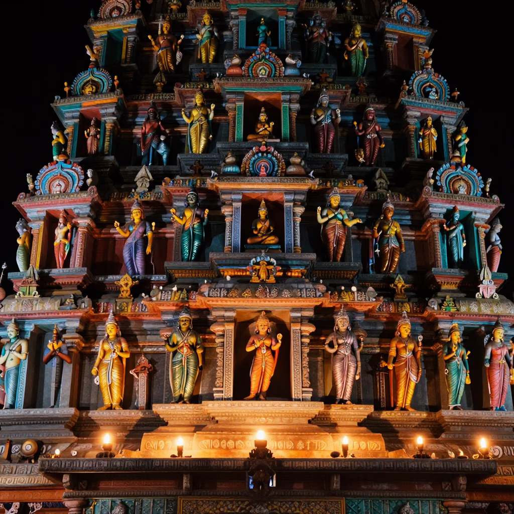 Neon Light on Temple Tower Sculptures in inside a candlelit nave in Amritsar