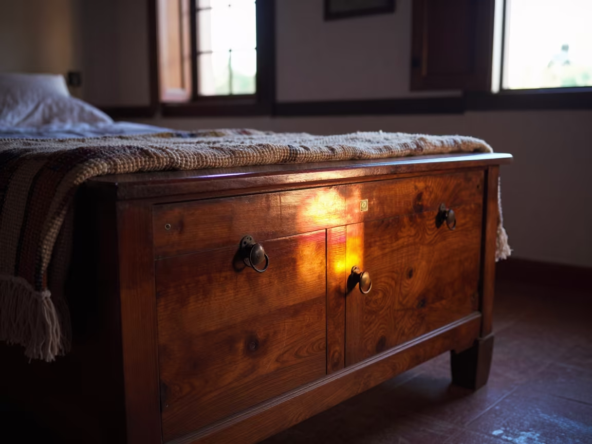 Neon Light on Wooden Chest in San Miguel Room in in a sunlit living room in San Miguel de Allende
