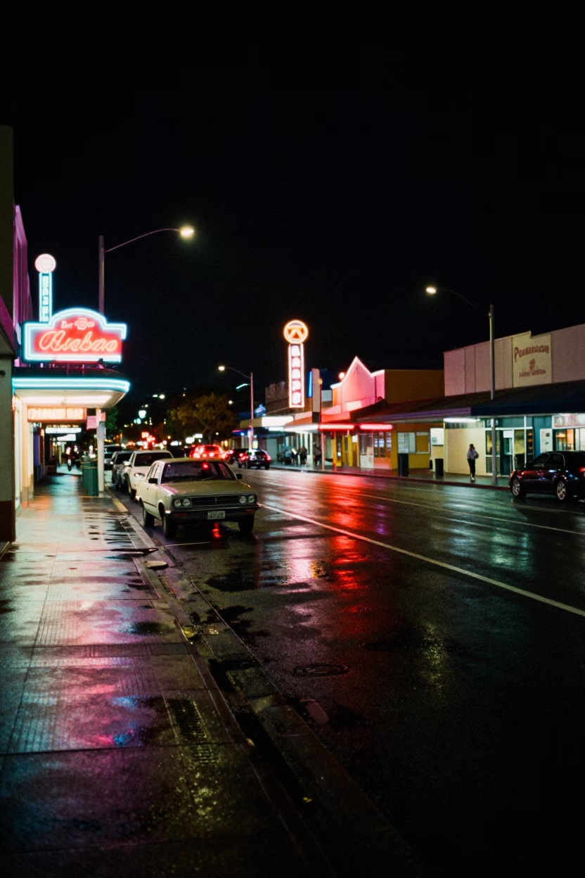 Neon lit 1980s Perth night street scene with vintage car and city lights in in Perth, Western Australia, Australia