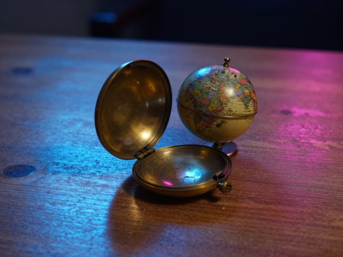 Neon Lit Antique Globe on Dusty Library Table in on a dusty library table in Matola