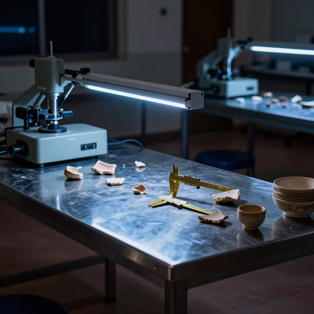 Neon Lit Archaeometry Lab Table With Calipers in inside a university research lab near Kaolack