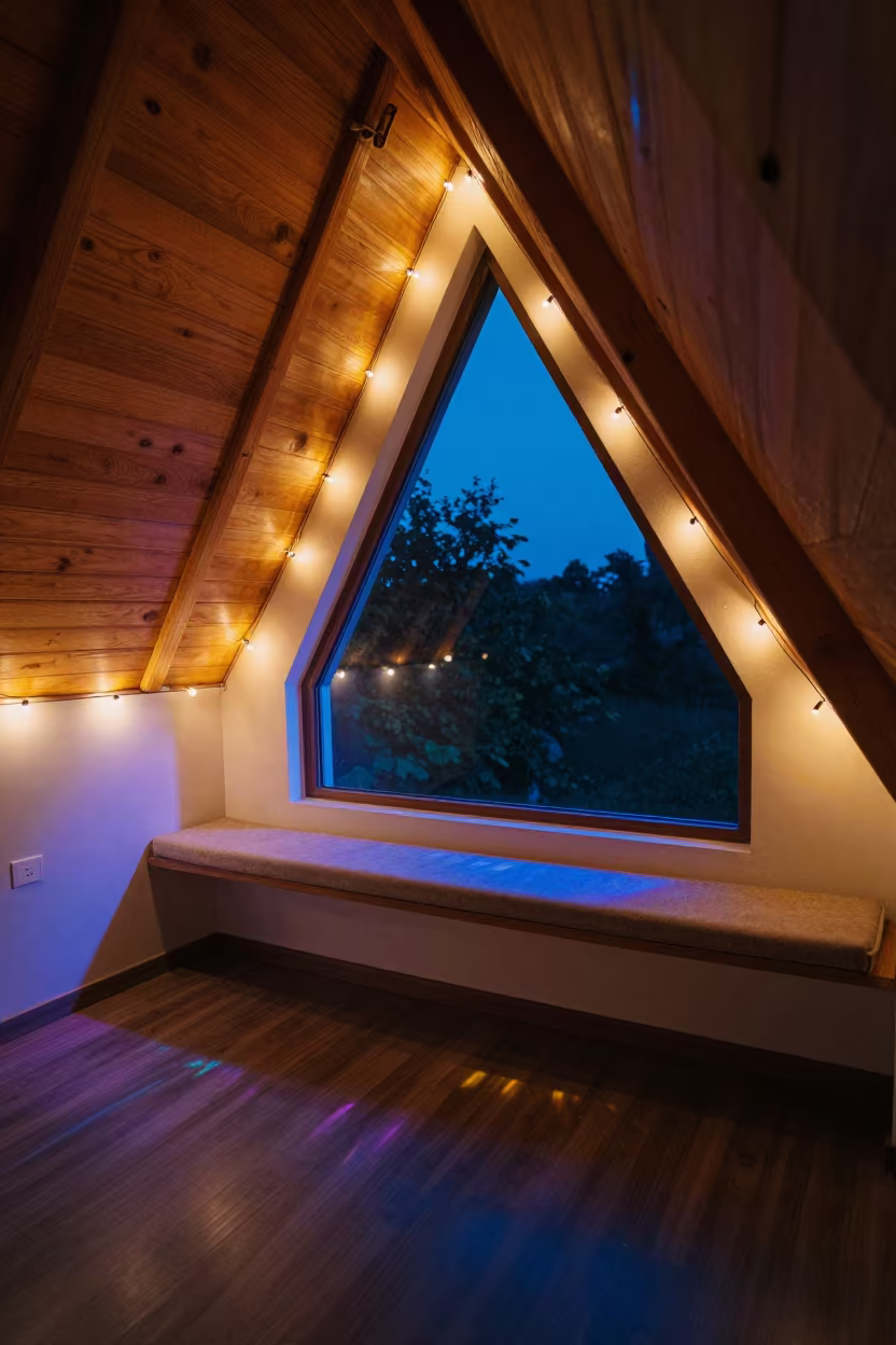 Neon Lit Attic Window Seat Under Night Sky in on a window seat near Ludhiana