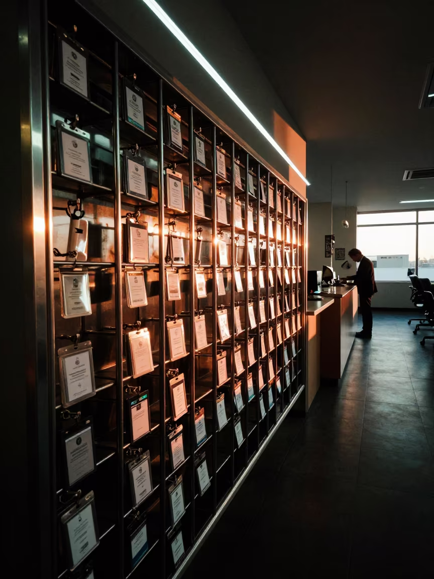 Neon Lit Badge Rack Before Dawn in inside a coworking floor in Zacatecas