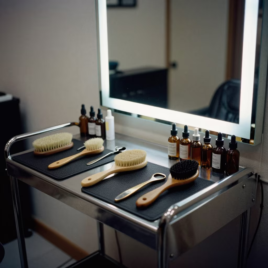 Neon Lit Barber Station Before Dawn in Kütahya in at a barber station beneath mirror bulbs in Kütahya