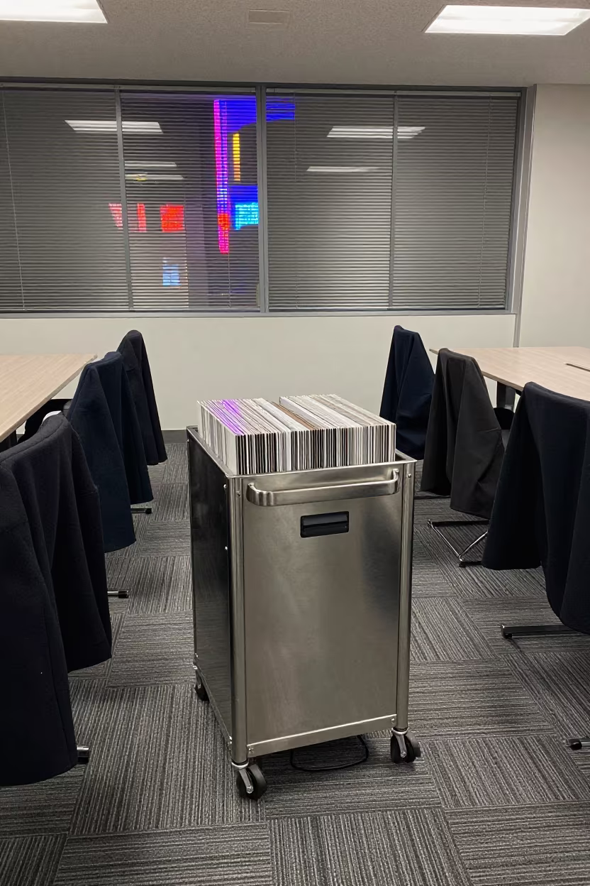 Neon-lit barcode cart in Tokyo conference room in inside a conference room in Tokyo