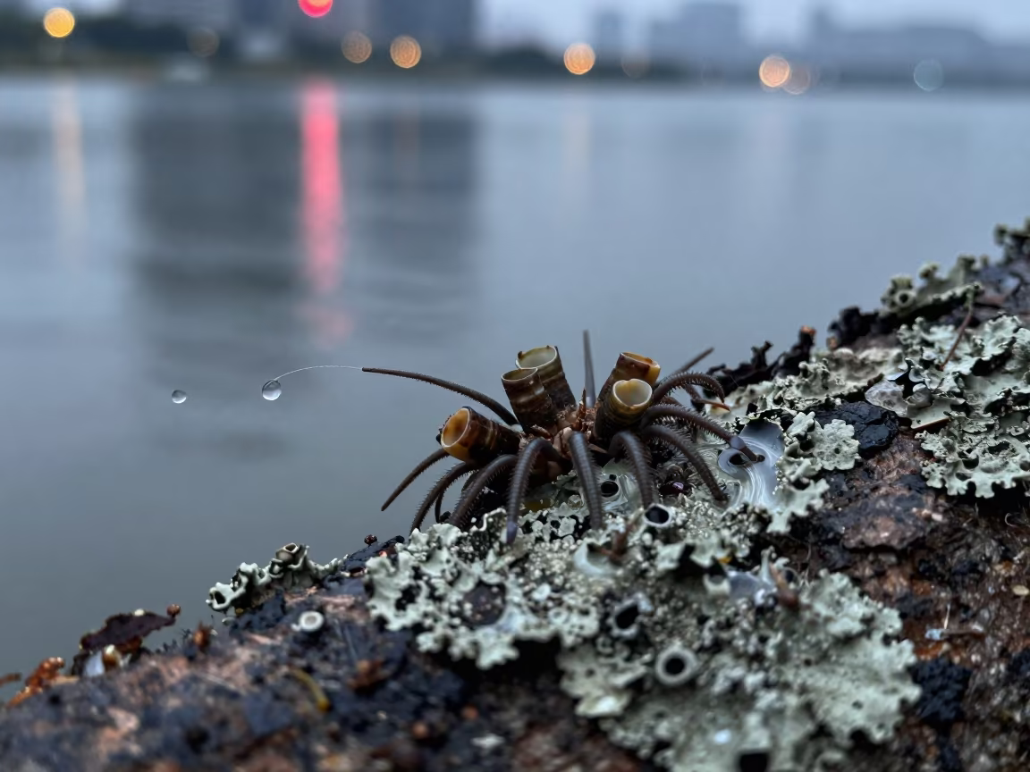 Neon-lit Barnacle Cirri on Lichen Bark in on lichen-covered bark in Keelung