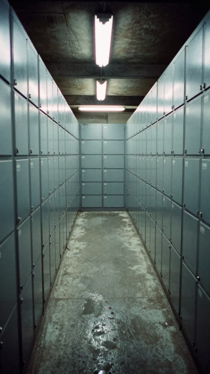 Neon-Lit Battery Locker in Berbera Night in inside a chilled distribution bay in Berbera