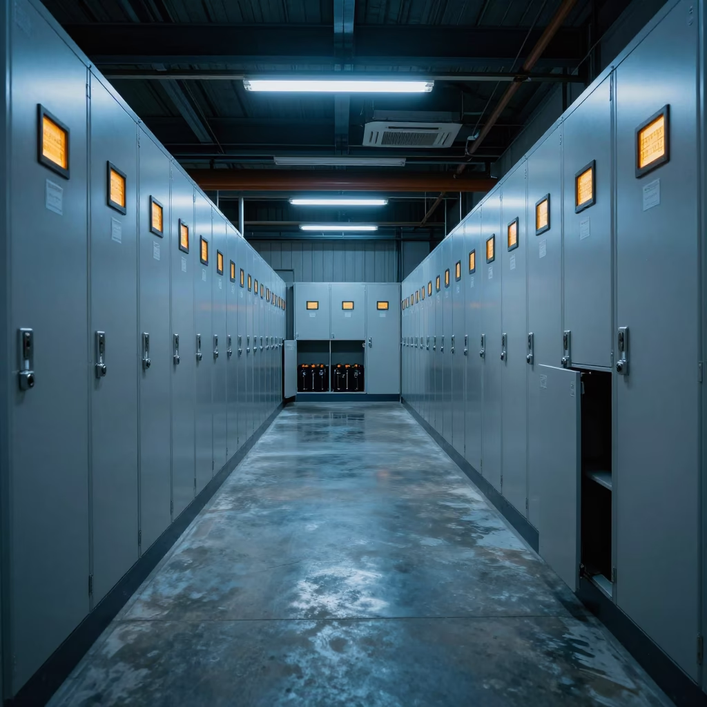 Neon Lit Battery Locker Rows Xi'an Night in inside a warehouse aisle in Xian