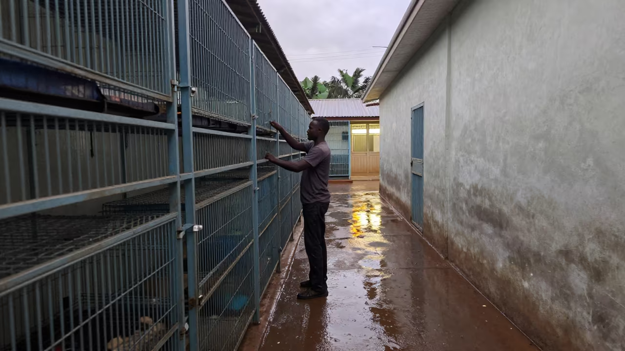Neon-Lit Bird Carrier Rack in Kinshasa Kennel in in a boarding kennel corridor in Kinshasa