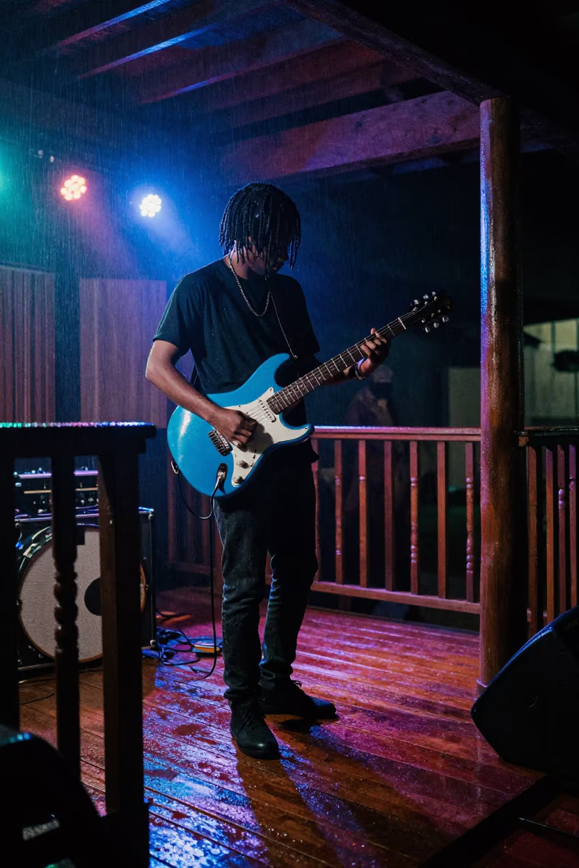 Neon Lit Blues Guitarist on Porch Night in in a rehearsal room in Brazzaville