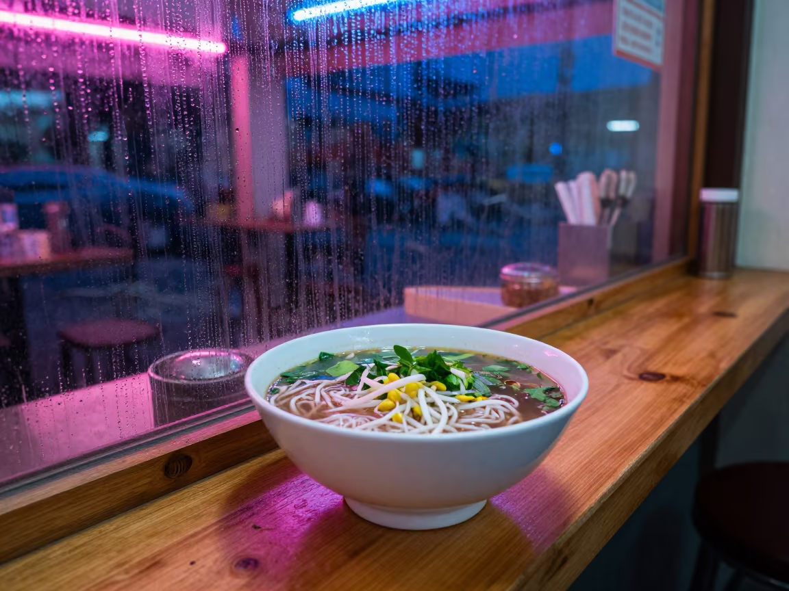 Neon Lit Bowl of Pho at Night in at a noodle counter in La Libertad