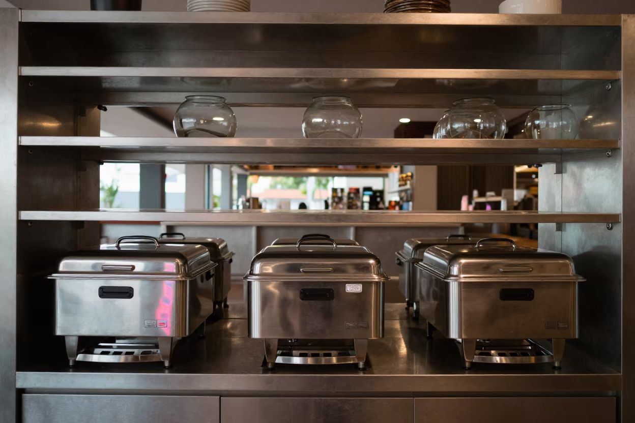 Neon-lit Breakfast Cloche Shelf in Salvador Hotel in inside a breakfast room before opening in Salvador