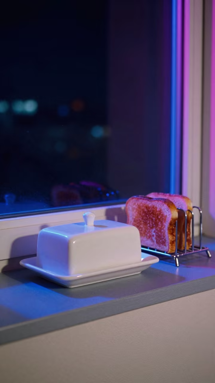 Neon Lit Butter Dish Toast Rack LA Night in on a painted display ledge in Los Angeles