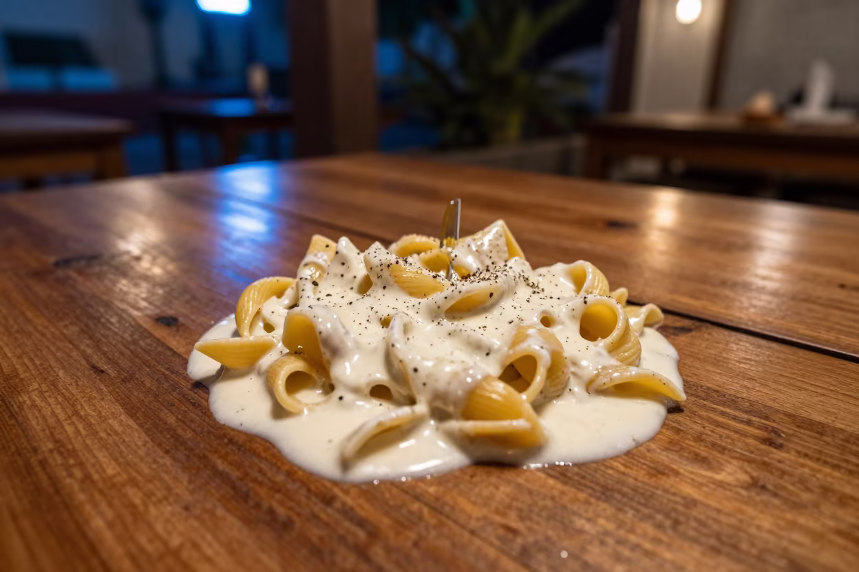 Neon-lit Cacio e Pepe on Fork in Jaipur in on a rustic wooden table in Amer, Jaipur