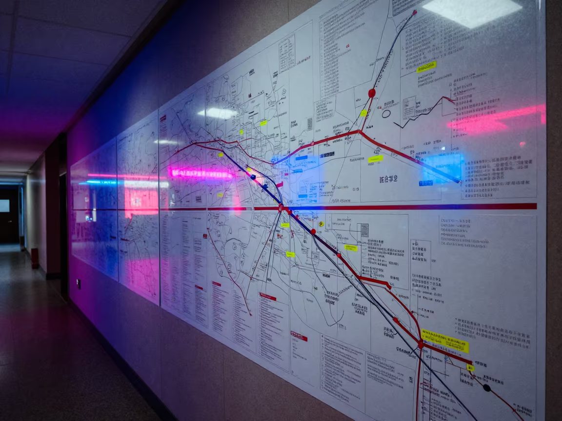 Neon-lit campaign maps in Shanghai corridor in in a courthouse corridor near Lujiazui, Shanghai