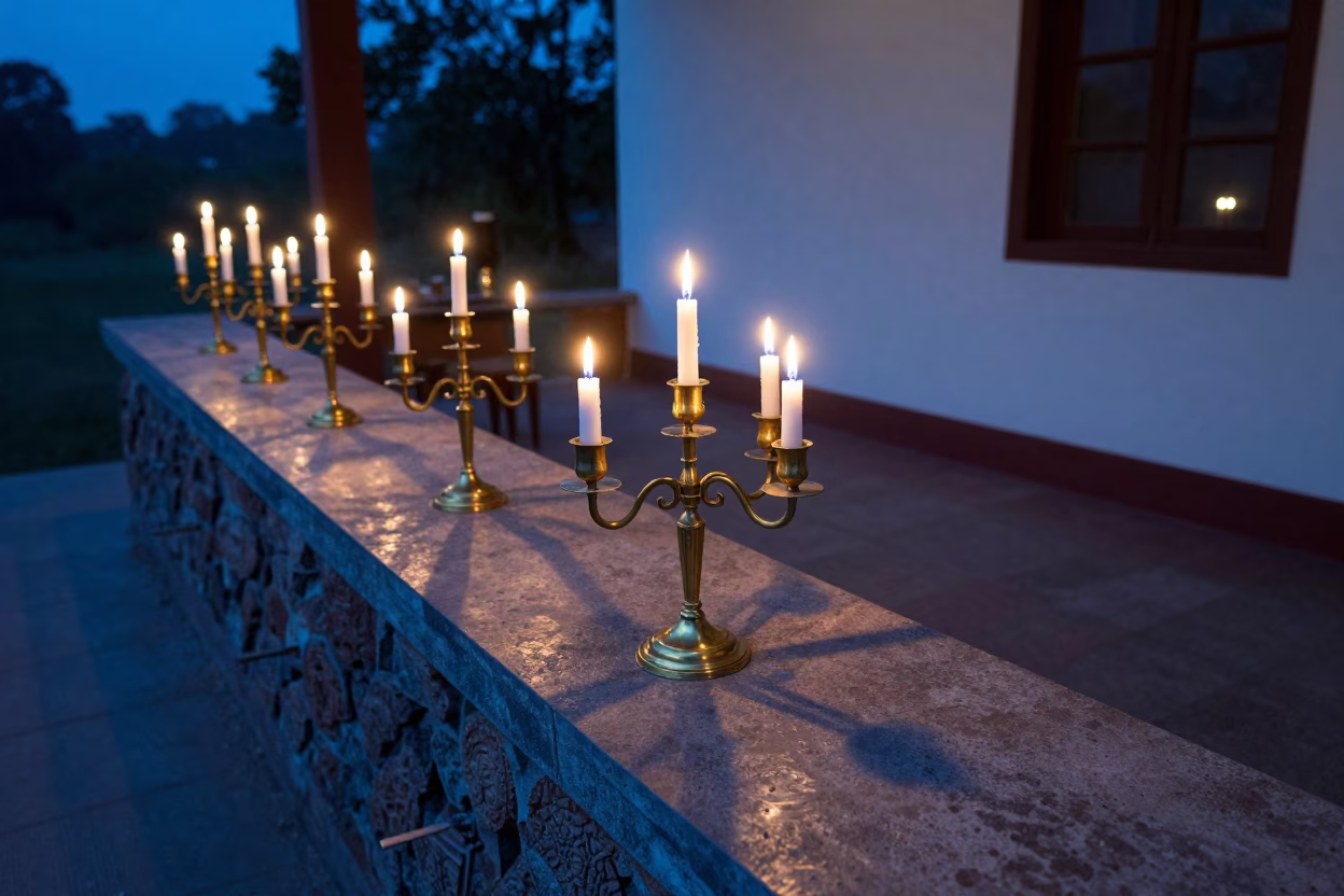 Neon Lit Candelabra Shadows on Stone Ledge in on a stone ledge in Chittoor