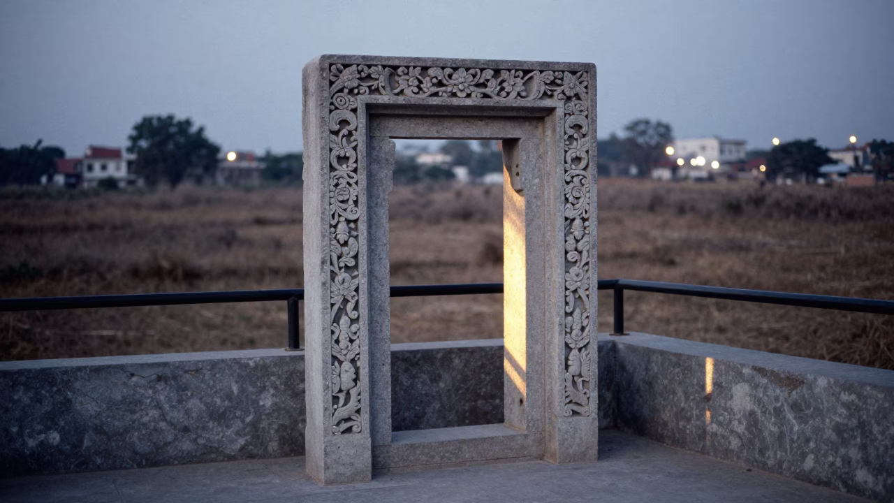Neon Lit Carved Stone Doorway on Veraval Pier in on a pier railing near Veraval